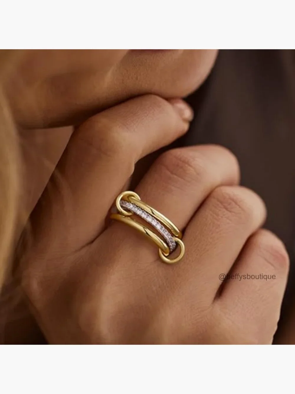 14K Gold Plated Interlocking Trinity Ring with CZ Stackable - Picture 2 of 7